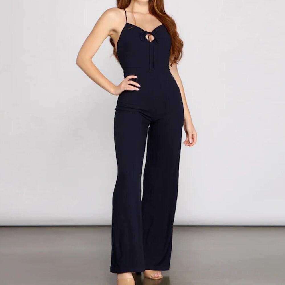 Windsor M Blue Linen Strappy Open Back Keyhole Flowy Straight Leg Jumpsuit